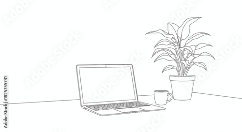 Laptop, plant, and coffee cup line art illustration