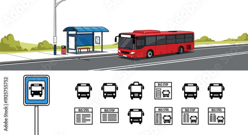 Public bus stop scene with vehicle and icons below.