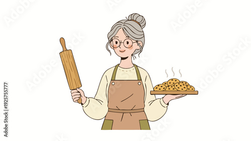 Elderly woman baker holding rolling pin and freshly baked pie.