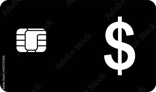 Digital Currency Card: A sleek, black card featuring a dollar sign and a microchip, representing the modern concept of digital finance and cashless transactions.