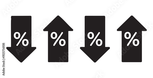 Bold arrow icons with percentage symbols for tracking financial performance and commercial discounts