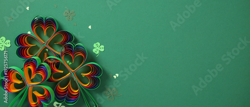 Panoramic wide banner with rainbow paper shamrocks on a green background. St Patrick's Day creative Irish holiday border for social media headers or website decorative elements.