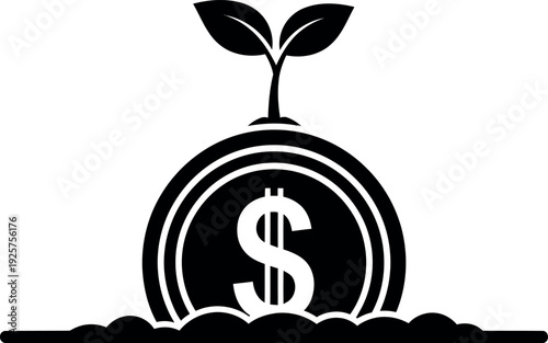 Financial Growth Symbol: A simple yet impactful illustration showcasing a sprouting plant emerging from a coin with a dollar sign, symbolizing the growth of finance and investments.