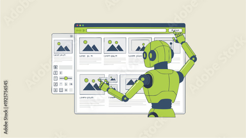 Green Robot Interacting with Digital Interface and Images.