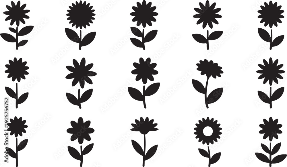Fototapeta premium Black silhouette of stylized flowers with stems and leaves on white background