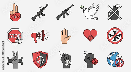 A collection of colorful vector icons representing peace, anti-war, anti-violence, and anti-COVID themes, including stop signs, peace symbols, weapons, and global health.