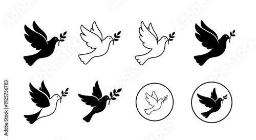 Collection of black and white dove illustrations with olive branches, symbolizing peace and hope, including various styles and circular icons.