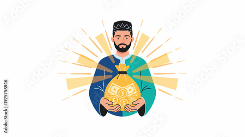 Man holding a bag of gold coins with radiating light.