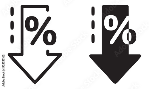 Percentage discount arrow icon set representing financial decrease price reduction and sale savings