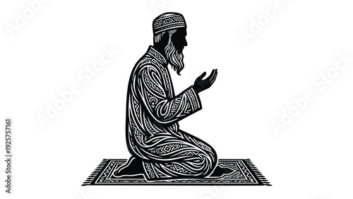 Man in prayer on a rug wearing traditional clothing.