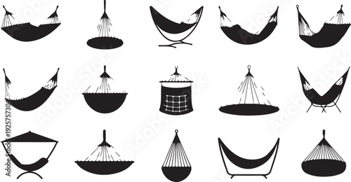 Black Silhouettes of Various Hammock and Hanging Chair on White Background