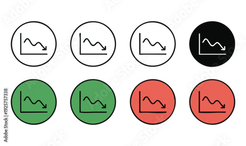 Business graph icons set with downward wavy line in circular frames for negative performance data