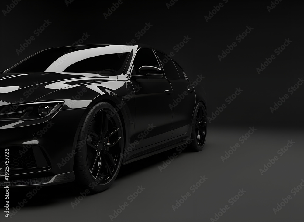 Naklejka premium Sleek black luxury car parked in dark modern studio setting