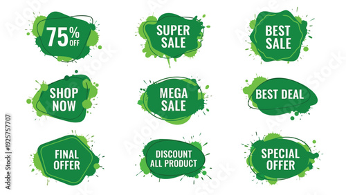 Colorful collection of circular badges with various icons and designs in green and red hues