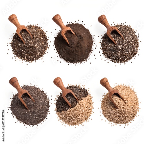 Multiple piles of chia seeds with small wooden scoops, organized flat lay, on a white background 
