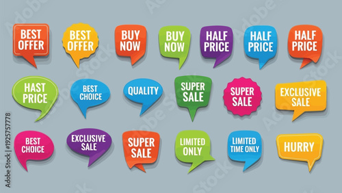 Colorful collection of speech bubble icons with various expressions and symbols