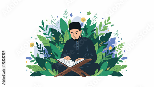 Muslim man reading holy Quran on wooden stand.