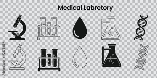 Medical laboratory equipment and biology icons set