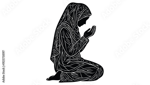 Muslim Woman Praying in Traditional Islamic Attire.
