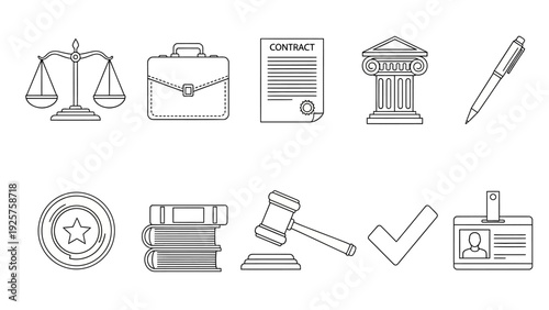 Legal and business icons collection, representing justice, law, and administration.