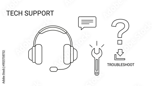 Technical support concept with headset, wrench, and question mark.