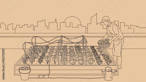 Man harvesting fresh vegetables from an urban rooftop garden.