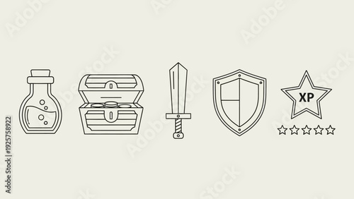 Collection of video game and RPG fantasy adventure icons.