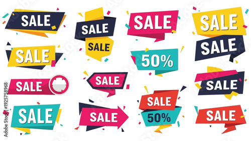 Colorful sale labels and banners for promotional and discount advertisements