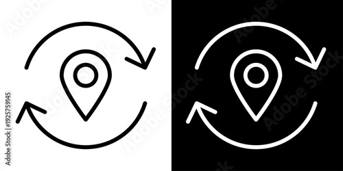 Modern relocation icon in outline style featuring map pin with circular arrows. Clean minimal symbol for moving service, address change and navigation UI.
