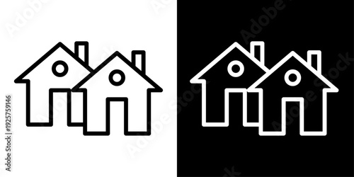Modern residential area icon in outline style featuring multiple houses. Clean minimal symbol for neighborhood, community housing and urban planning UI.