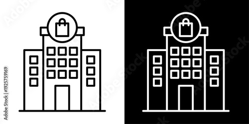 Shopping plaza icon in outline style representing retail center, commercial building and mall property for business and urban real estate UI design.