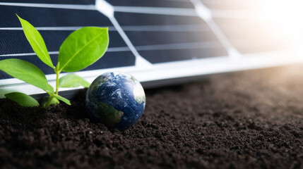 Young plant growing from soil with a small Earth globe and solar panel, symbolizing renewable energy and environmental care