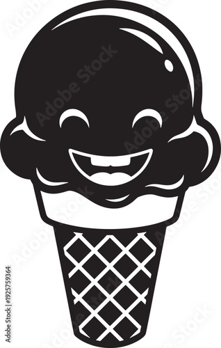 Adorable black silhouette of a grinning ice cream cone with a big smile and missing teeth, a fun mascot for summer.