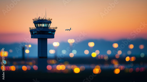 Airport control tower overseeing an airplane approaching against a vibrant sunset sky, with blurred city lights creating a warm atmosphere