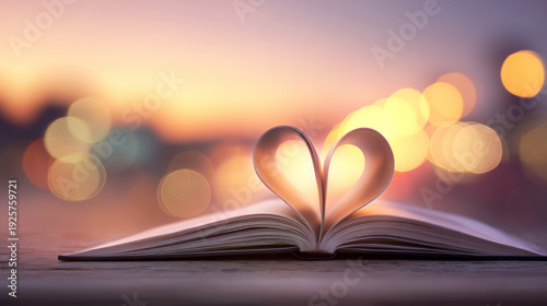 Open book with pages folded into a heart shape, catching warm sunset light. Concept of love, stories, and education