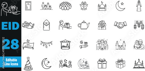 Eid icon set . Crescent Moon, Mosque, Lantern, Gift Box, Prayer Mat, Dates, Henna Hand, Sweet Dish, Family Gathering, Takbir Text.Vector illustration