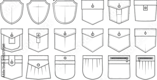 Set of technical pocket CAD drawing flat vector illustration for fashion design tech pack including safari flap pleated and zipper details
