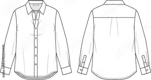 Classic men's long sleeve button down dress shirt technical sketch front and back view, cad drawing flat vector illustration, apparel template.