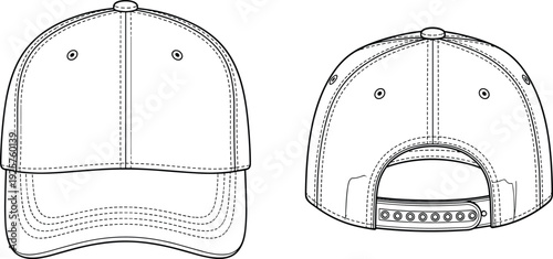 Unisex classic baseball cap hat technical fashion flat sketch template, CAD drawing flat vector illustration for headwear design tech pack.