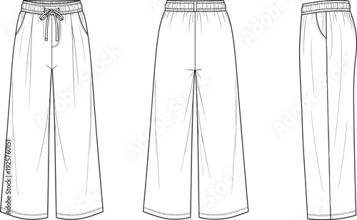 Women's wide leg drawstring trousers technical fashion flat sketch template, CAD drawing flat vector illustration for apparel design tech pack.