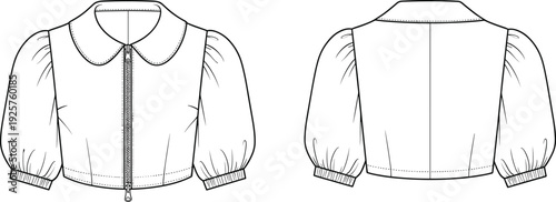 Women's cropped zip up puff sleeve blouse technical fashion flat sketch template, CAD drawing flat vector illustration for apparel design.