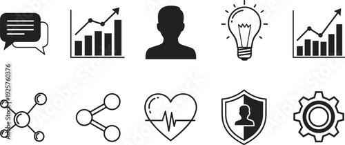 Black and white business technology health icons set featuring communication, analytics, innovation, security, science, networking, medical monitoring, and 