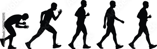 Man Runner Silhouette Set in Various Poses, Athlete Running Walking and Sprinting Motion, Fitness Male Characte
