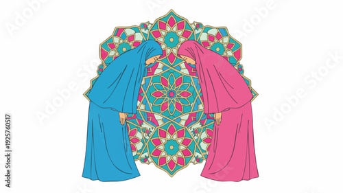 Two Muslim women praying together in traditional attire.