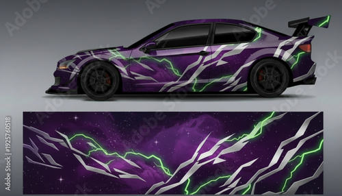 Custom car wrap design featuring vibrant purple, green, and white lightning bolt graphics on a sports car.