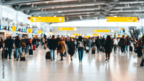 Busy travelers moving through a crowded modern airport terminal, capturing the dynamic energy of international travel and daily commute