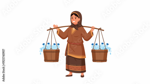 Woman carrying water in baskets on her shoulders.