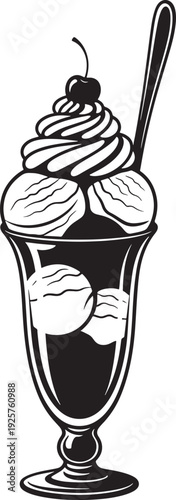 Black and White Vector Illustration of Ice Cream Sundae in a Tall Glass with Cherry