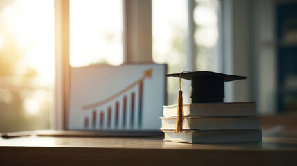 Graduation cap on stacked books with rising bar graph on laptop screen, symbolizing education success, career growth