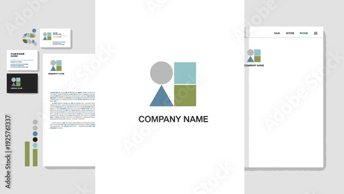 Professional corporate brand identity design with geometric logo elements.